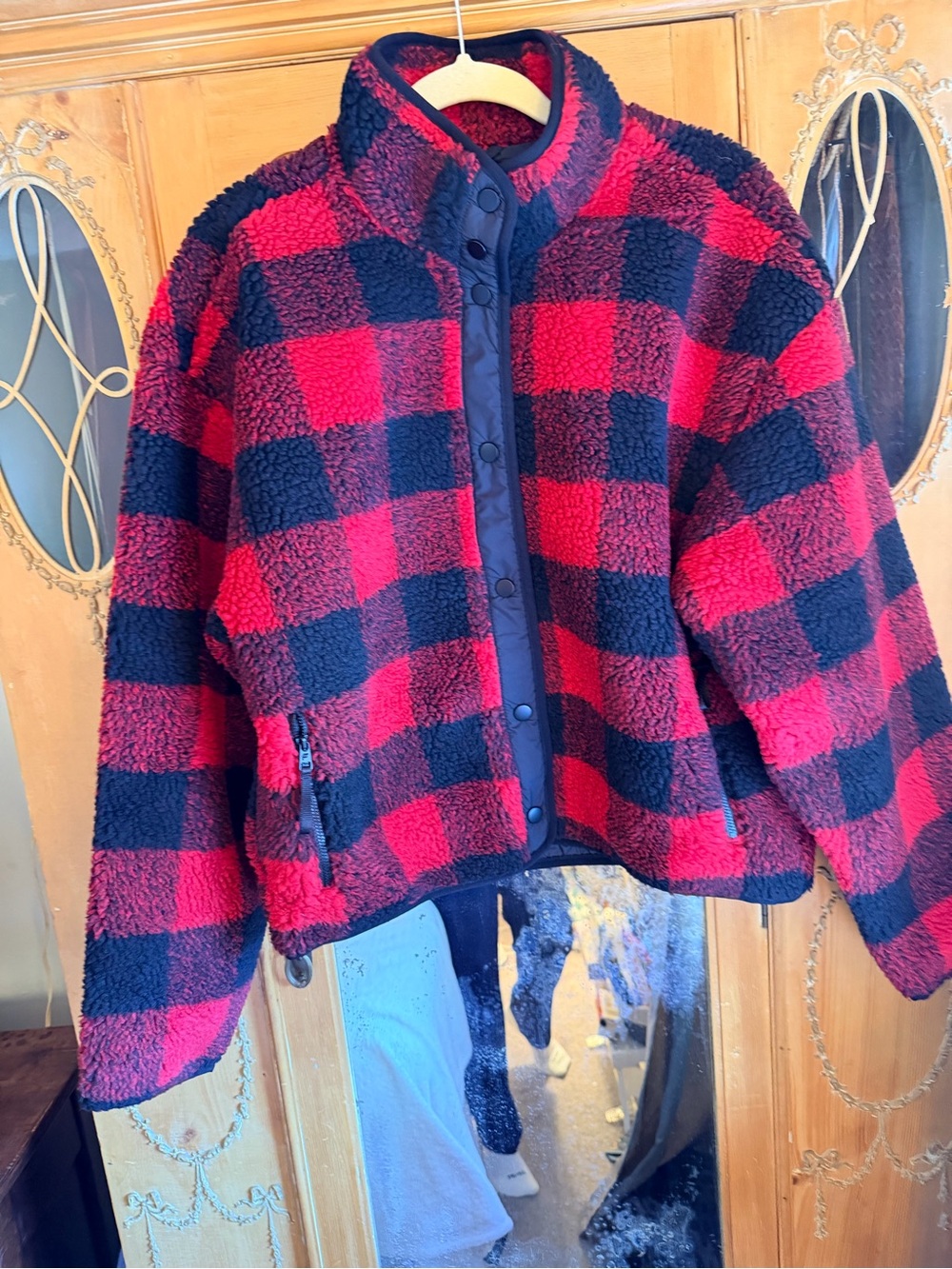 Fabletics womans Red and Black Buffalo Check Sherpa Jacket